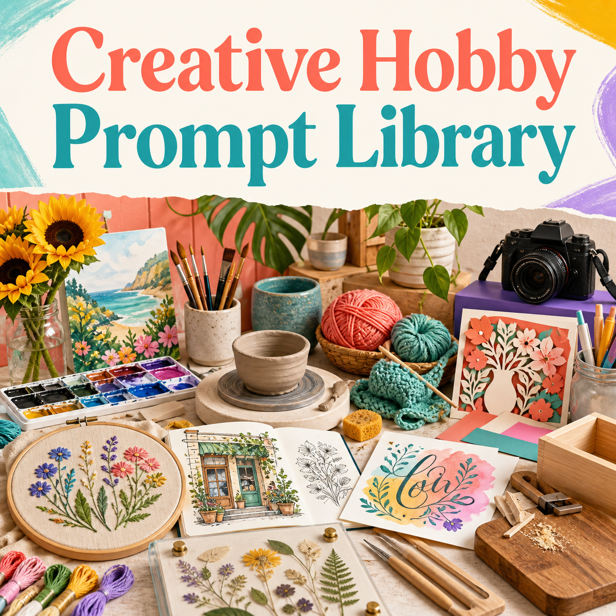Creative Hobby Prompt Library | Ideas, Skills & Projects cover with varied creative hobby materials