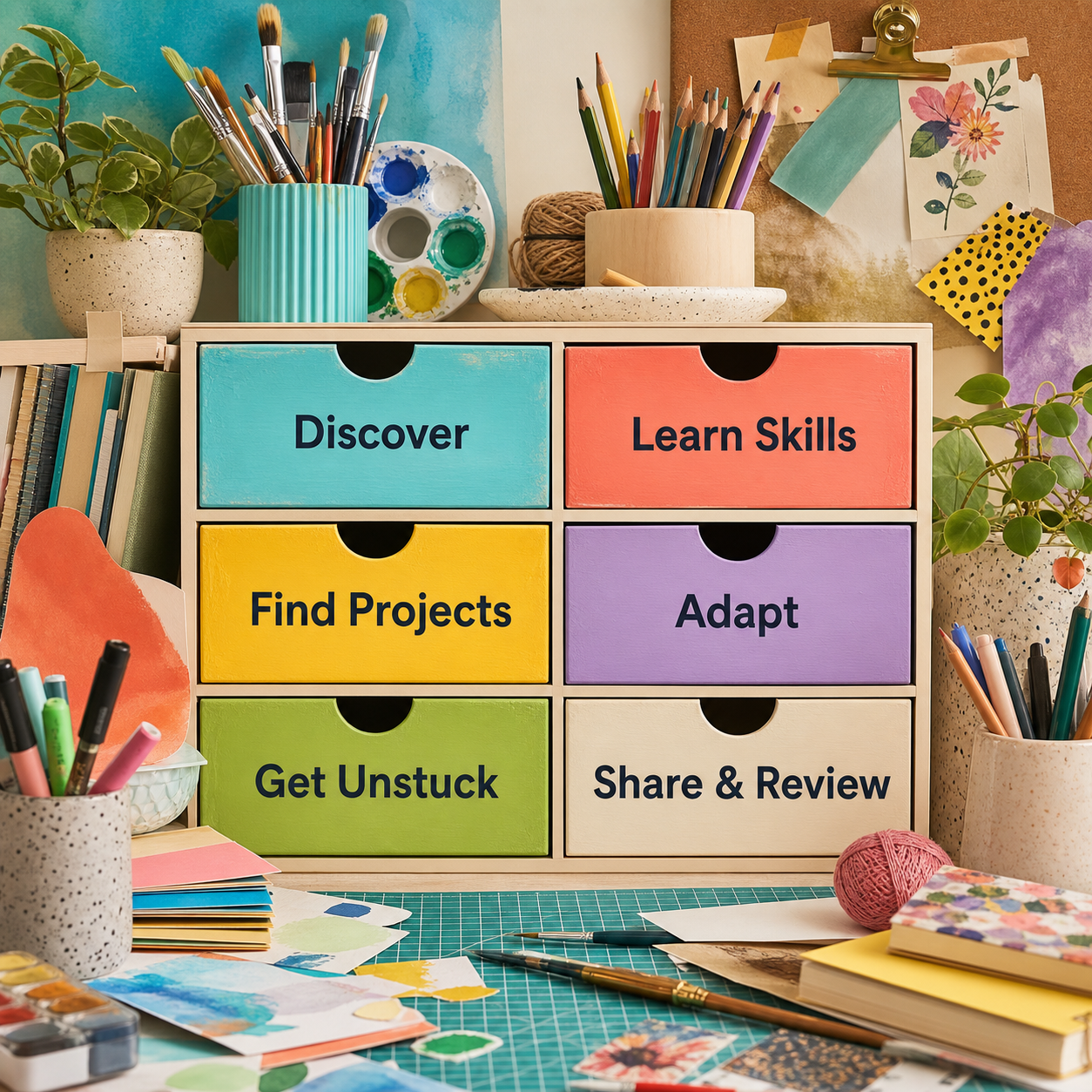 Creative Hobby Prompt Library | Ideas, Skills & Projects overview of six creative-hobby categories