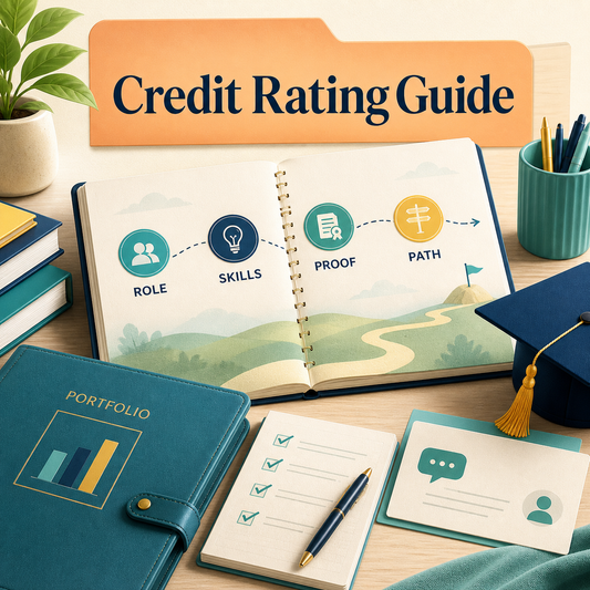 Bright Credit Rating Guide cover showing a career-learning roadmap for Role, Skills, Proof, and Path, with a portfolio folder, checklist, graduation cap, and networking card.