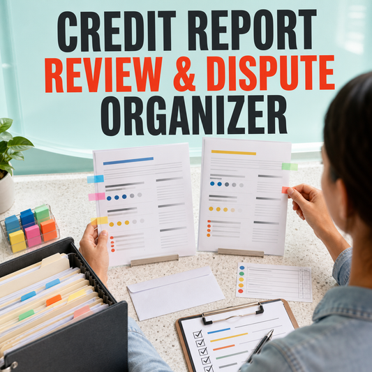 Credit Report Review and Dispute Organizer cover showing a consumer comparing abstract report pages and organizing evidence