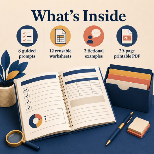 Credit Report Review & Dispute Organizer contents showing 8 guided prompts and 12 reusable worksheets