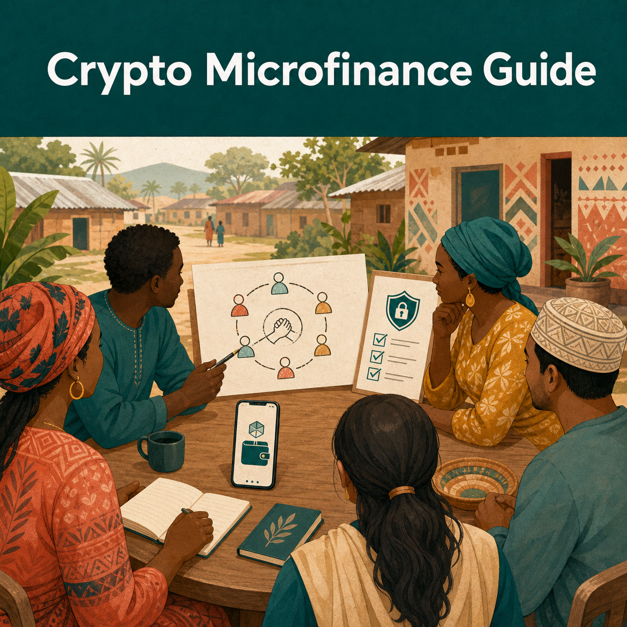 Community-first cryptocurrency microfinance planning scene showing a lending circle, safety checklist, and fictional digital wallet.