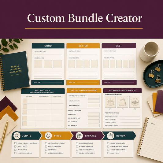 Bundle planning workspace with Good-Better-Best bundle options, why-included mapping, pricing and margin planning, packaging, presentation, and review workflow.