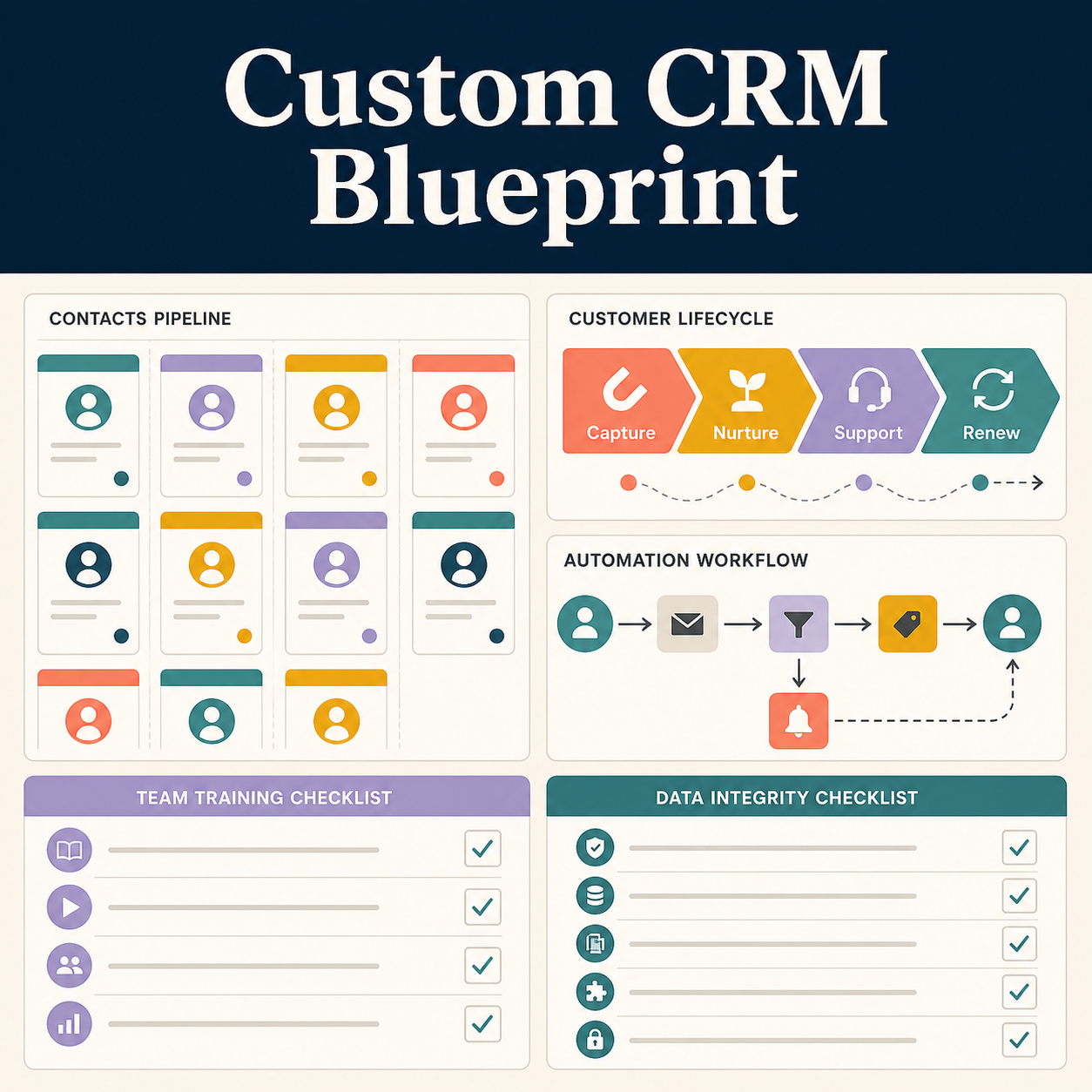 Illustrative CRM blueprint showing anonymous contact pipelines, customer lifecycle stages, automation workflow, team training, and data integrity.