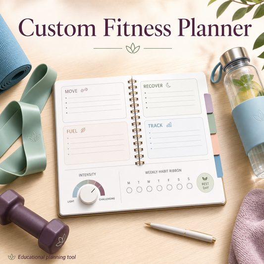 Custom Fitness Planner cover showing an open MOVE, FUEL, RECOVER, and TRACK planner with resistance band, dumbbell, water bottle, intensity dial, and rest-day marker.