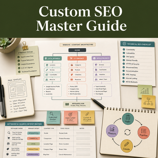 Illustrative custom SEO strategy workspace showing adaptable site architecture, technical checks, keyword intent mapping, and an audit-to-measure review loop.