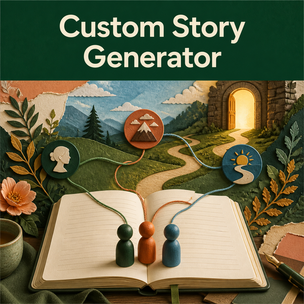 Custom story development scene with an open notebook, character tokens, setting doorway, conflict path, and connected story threads.