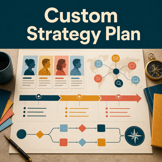 Custom strategy planning canvas with audience cards, channel map, roadmap timeline, decision paths, and compass.