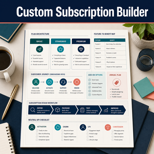 Subscription design workbook with Basic, Standard, Premium tiers, feature-to-benefit mapping, onboarding path, add-ons, annual plan, and KPI checklist.
