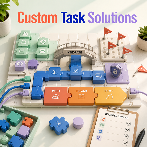 Custom Task Solutions cover showing modular solution blocks, integration bridge, pilot-expand-scale rollout, risk flags, security shield, and success checks.