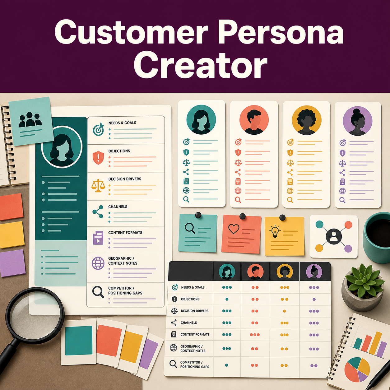 Illustrative customer persona research workspace showing anonymous audience profiles, needs, objections, decision drivers, channels, content formats, and comparison gaps.