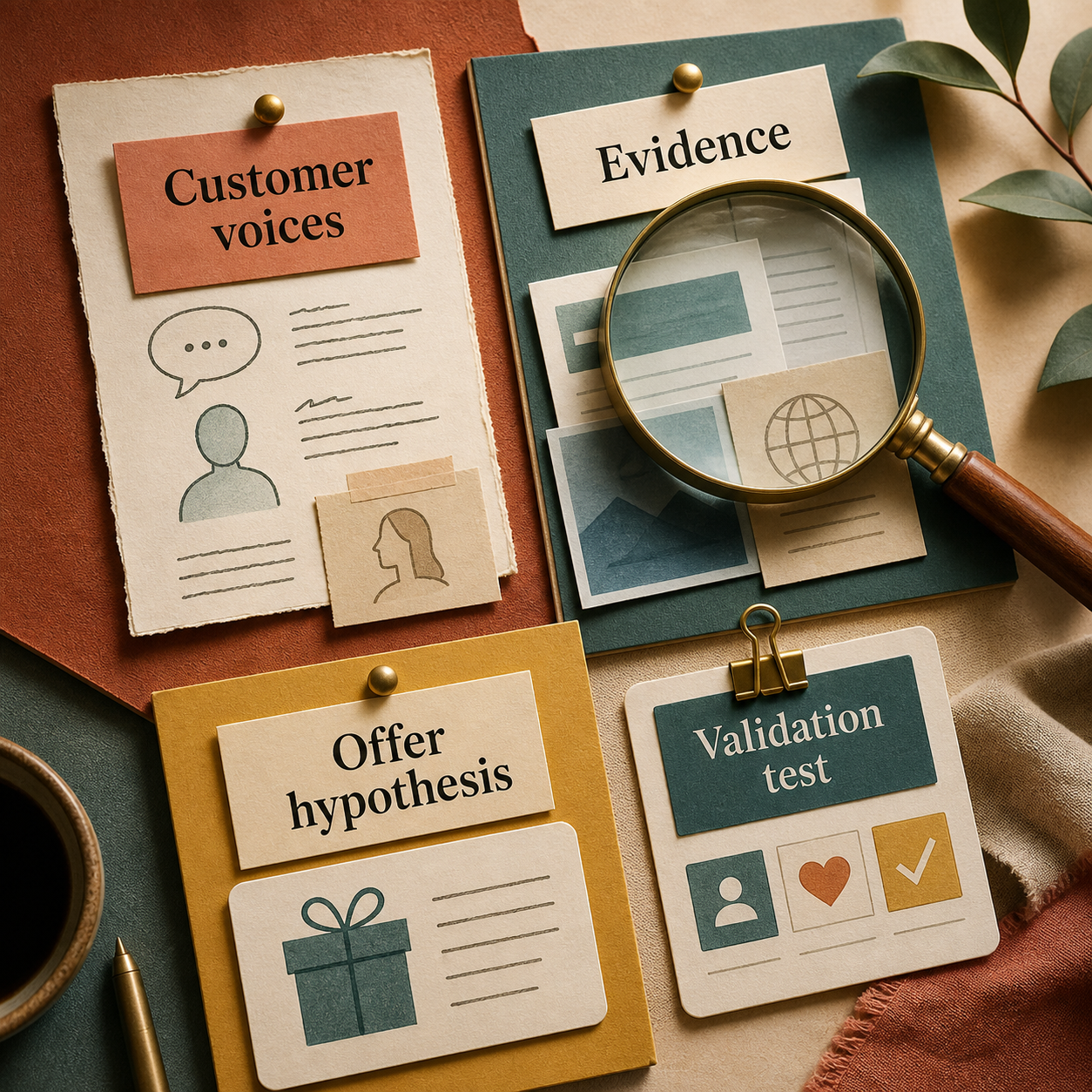 Customer research toolkit areas including customer voices, evidence, offer hypothesis, and validation test