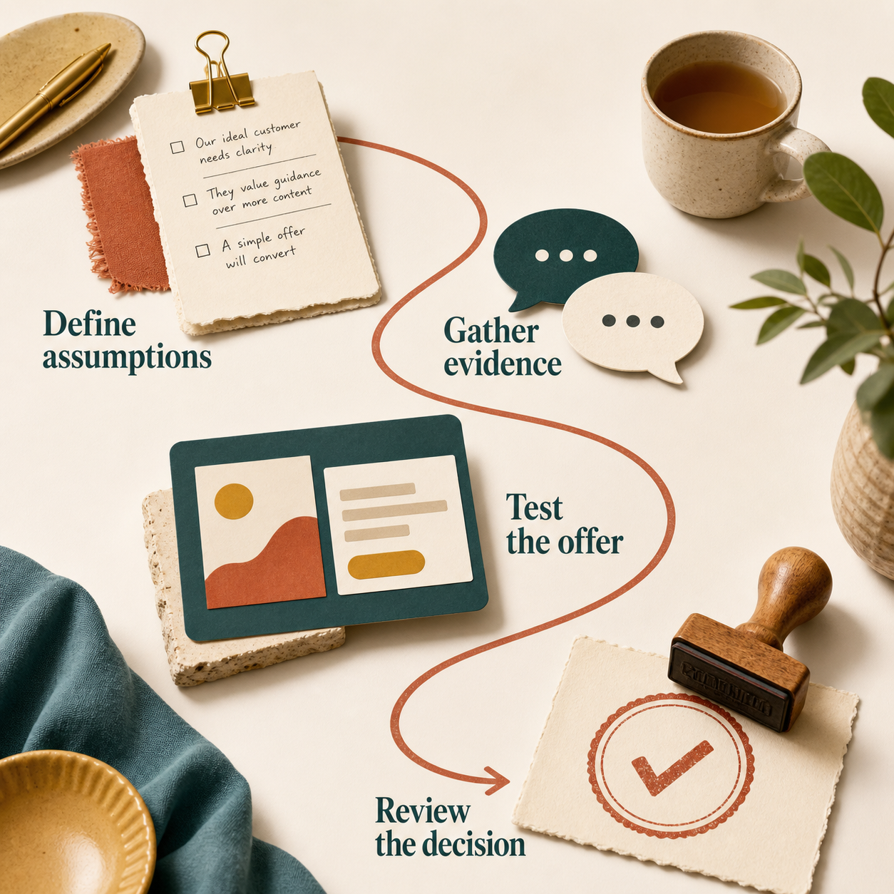 Customer research method from defining assumptions through evidence, offer testing, and decision review