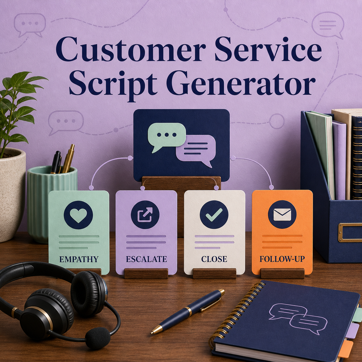 Customer Service Script Generator cover showing structured response cards for empathy, escalation, closing, and follow-up.