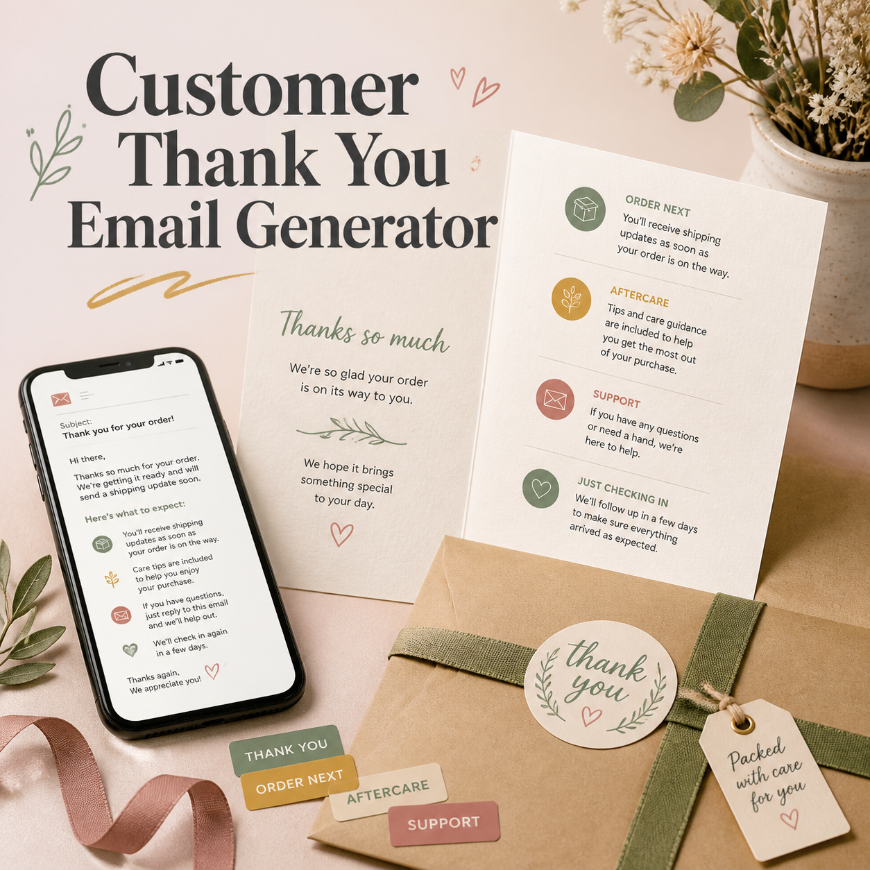 Customer Thank You Email Generator cover showing a thank-you email, order updates, aftercare guidance, support information, and a gentle follow-up message.
