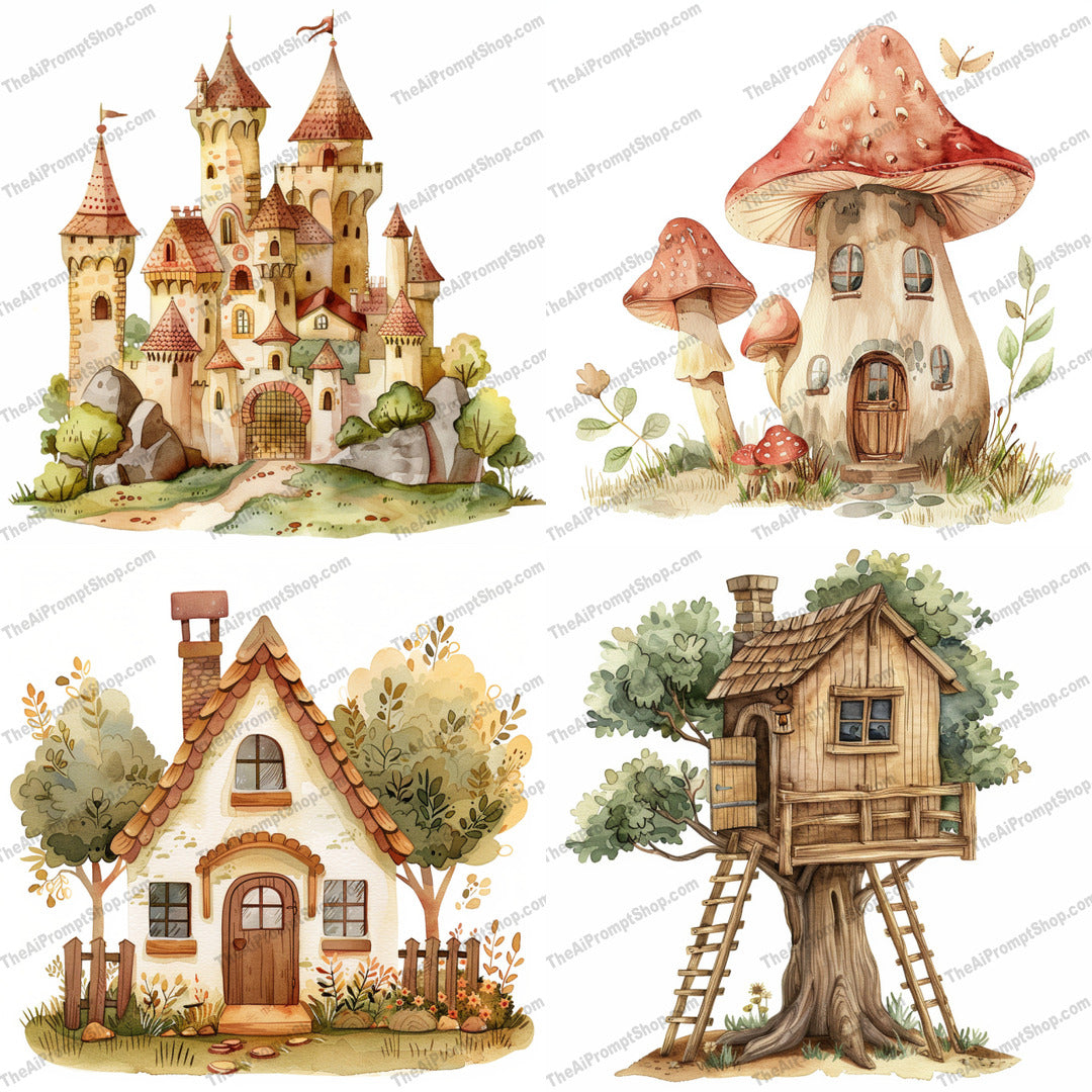 Whimsical Storybook Cottage AI MidJourney Image Prompt, 9183 Storybook Illustrations, midjourney, storybook, cottage, whimsical, fairy tale, watercolor, enchanting, nostalgic, charming, dreamy, architecture, quaint, illustration, fantasy, magical, forest, mushroom house, tree house, castle, hand-drawn, creative, Midjourney, Ai, Ai Image Prompt, Image Prompt, Prompt