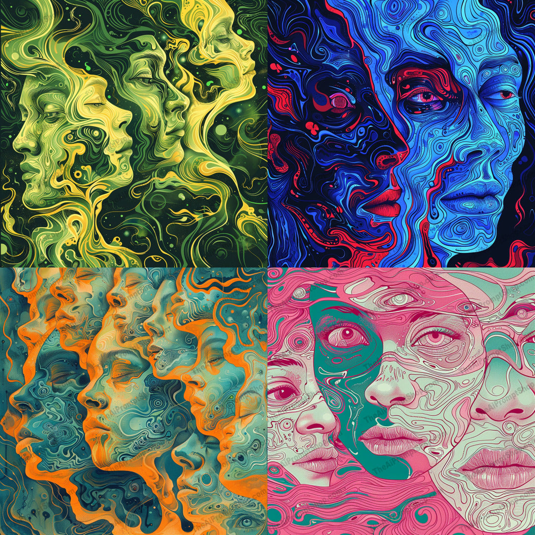 Swirled Faces AI MidJourney Image Prompt, 9035 Portraits & People, midjourney, surreal, abstract, swirling, patterns, faces, vibrant, green, blue, orange, pink, dynamic, otherworldly, artistic, creative, unique, psychedelic, trippy, modern, design, stylized, Midjourney, Ai, Ai Image Prompt, Image Prompt, Prompt