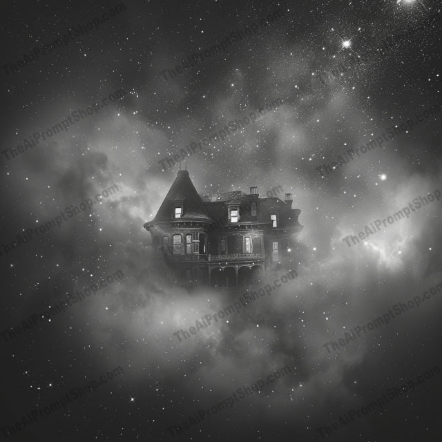 Ethereal Nightscape AI MidJourney Image Prompt, 8651Ai, Ai Image Prompt, atmospheric, black and white, dream-like, dreamy, ethereal, fantasy, fog, forest, glowing orbs, houses, Image Prompt, lighthouse, midjourney, moody, mysterious, mystical, night, nightscape, otherworldly, Prompt, Scary & Horror, seaside, surreal, whimsical