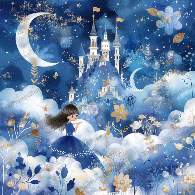 Whimsical Storybook Scene AI MidJourney Image Prompt, 9111 Storybook Illustrations, midjourney, whimsical, storybook, fantasy, landscape, dreamy, magical, colorful, playful, enchanting, scenic, vibrant, illustration, nature, woods, castle, girl, sunshine, night sky, flowers, clouds, Midjourney, Ai, Ai Image Prompt, Image Prompt, Prompt