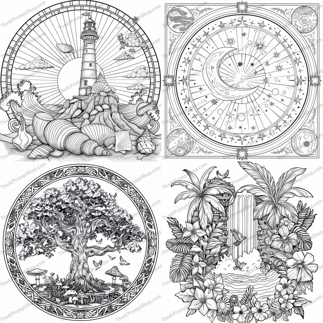 Intricate Nature Coloring Page AI MidJourney Image Prompt, 8936 Coloring Pages, midjourney, coloring page, nature, lighthouse, waves, sea, celestial, moon, stars, ancient tree, mushrooms, birds, tropical, waterfall, flowers, plants, foliage, detailed, monochromatic, art, drawing, Midjourney, Ai, Ai Image Prompt, Image Prompt, Prompt