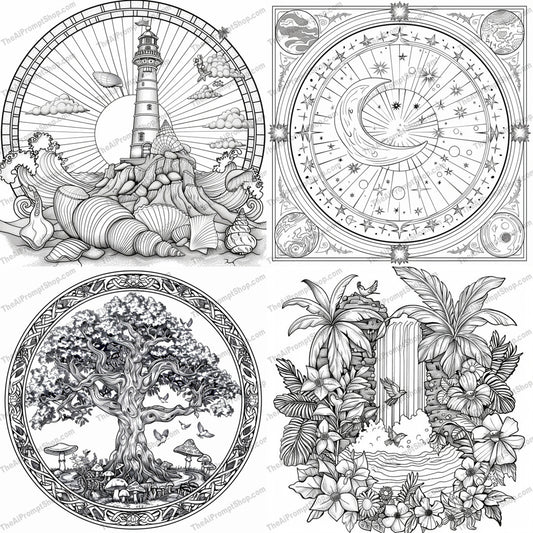 Intricate Nature Coloring Page AI MidJourney Image Prompt, 8936 Coloring Pages, midjourney, coloring page, nature, lighthouse, waves, sea, celestial, moon, stars, ancient tree, mushrooms, birds, tropical, waterfall, flowers, plants, foliage, detailed, monochromatic, art, drawing, Midjourney, Ai, Ai Image Prompt, Image Prompt, Prompt