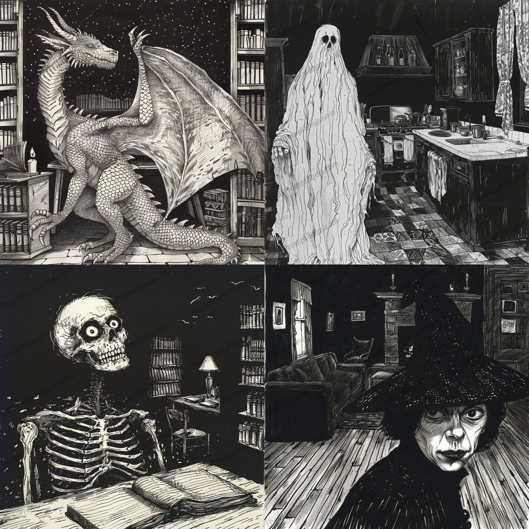 Mystical and Spooky Illustrations AI MidJourney Image Prompt, 9599 — This intriguing artwork showcases a blend of mystical and spooky themes, featuring detailed… — cover image