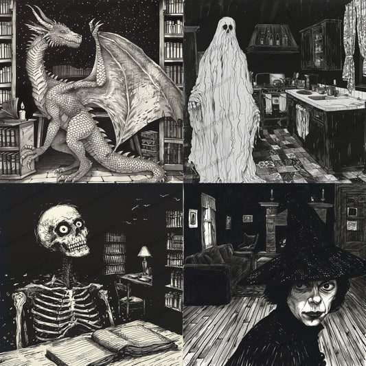 Mystical and spooky illustrations in a fantasy style created from an AI image prompt.