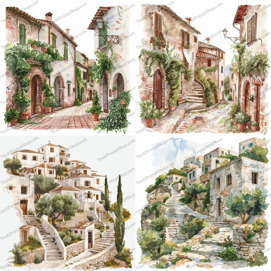 Charming Mediterranean Streetscape AI MidJourney Image Prompt, 8667Ai, Ai Image Prompt, architecture, art, charming, cobblestone, Europe, greenery, heritage, illustration, Image Prompt, Landscapes & Paintings, Mediterranean, midjourney, nature, painting, paths, peaceful, potted plants, Prompt, quaint, rustic buildings, serene, streetscape, village, watercolor