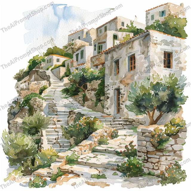 Charming Mediterranean Streetscape AI MidJourney Image Prompt, 8667Ai, Ai Image Prompt, architecture, art, charming, cobblestone, Europe, greenery, heritage, illustration, Image Prompt, Landscapes & Paintings, Mediterranean, midjourney, nature, painting, paths, peaceful, potted plants, Prompt, quaint, rustic buildings, serene, streetscape, village, watercolor