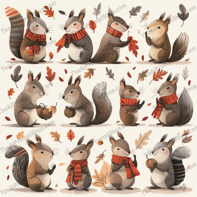 Cute Woodland Animals in Scarves AI MidJourney Image Prompt, 9240 Animals, midjourney, woodland, animals, deer, fox, rabbit, squirrel, scarf, autumn, leaves, cute, adorable, whimsical, seasonal, storybook, illustration, fall, nature, forest, cozy, warm, friendly, character, Midjourney, Ai, Ai Image Prompt, Image Prompt, Prompt