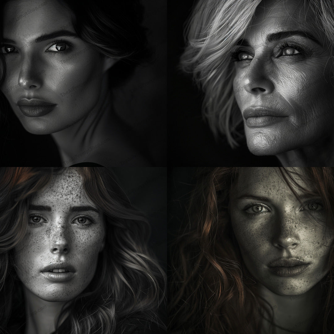 Dark & Mysterious Portrait AI MidJourney Image Prompt, 9603 — A captivating portrait in dark and mysterious tones, focusing on hair and texture — cover image