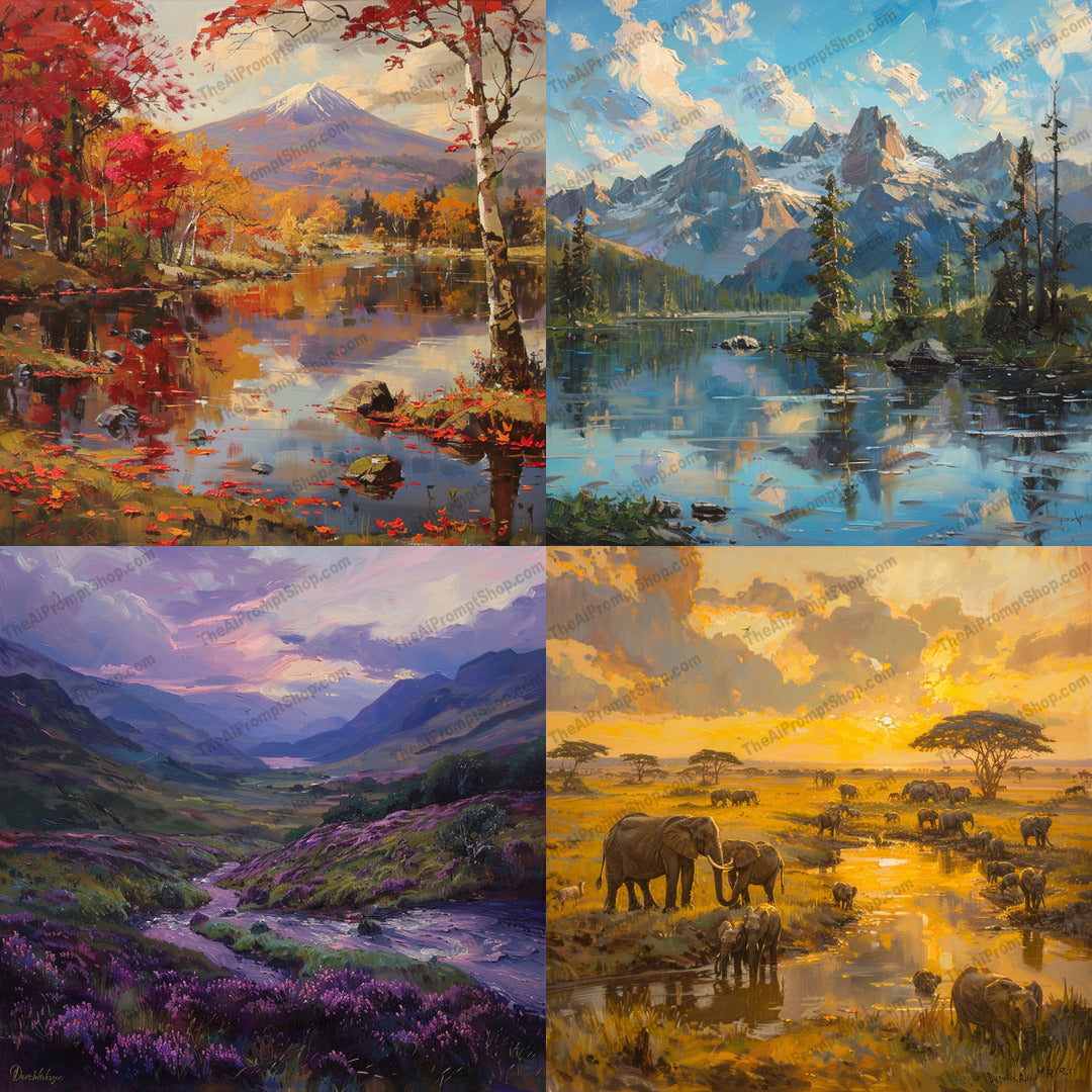 Scenic Landscape Painting AI MidJourney Image Prompt, 9176 Landscapes & Paintings, midjourney, landscape, painting, nature, autumn, lake, mountains, blue sky, sunset, savanna, elephants, valley, stream, dusk, impressionistic, serene, majestic, breathtaking, tranquil, scenic, artwork, Midjourney, Ai, Ai Image Prompt, Image Prompt, Prompt