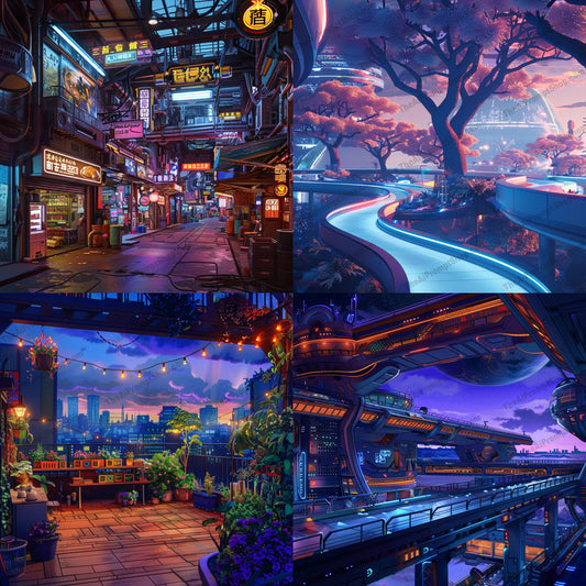 Futuristic Urban Landscapes AI MidJourney Image Prompt, 9295 Landscapes & Paintings, midjourney, futuristic, urban, landscape, neon, streets, architecture, modern, technology, greenery, nature, cityscape, futuristic city, neon lights, urban jungle, advanced tech, cyberpunk, sci-fi, night scene, city lights, digital art, Midjourney, Ai, Ai Image Prompt, Image Prompt, Prompt