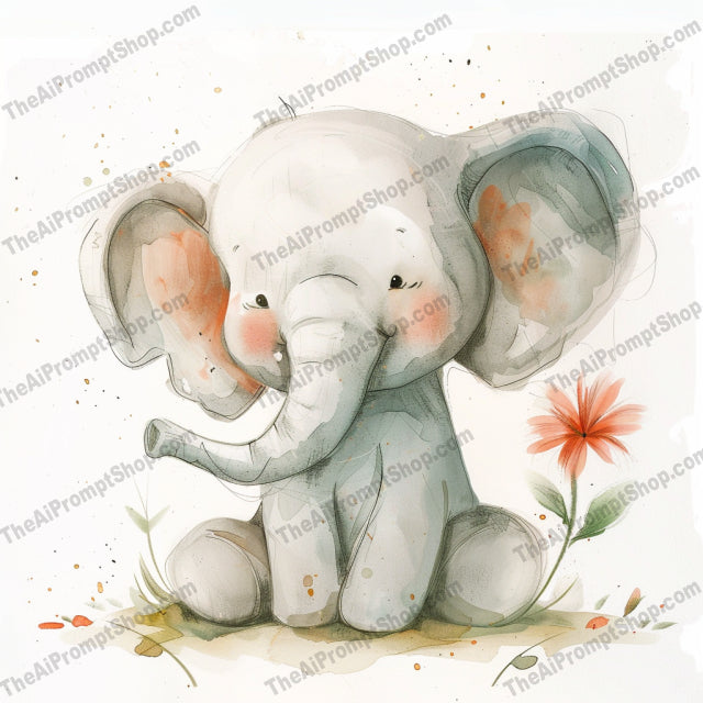 Cute Baby Elephant AI MidJourney Image Prompt, 8668 adorable animal, Ai, Ai Image Prompt, animal art, Animals, baby animal, baby elephant, children's illustration, cute elephant, delicate illustration, dreamy art, elephant with flower, endearing pose, Image Prompt, innocent expression, joyful art, kids art, lovely painting, midjourney, nursery decor, pastel colors, playful elephant, Prompt, soft colors, watercolor elephant, whimsical art