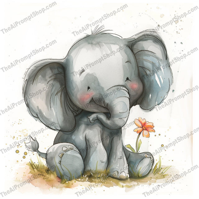 Cute Baby Elephant AI MidJourney Image Prompt, 8668 adorable animal, Ai, Ai Image Prompt, animal art, Animals, baby animal, baby elephant, children's illustration, cute elephant, delicate illustration, dreamy art, elephant with flower, endearing pose, Image Prompt, innocent expression, joyful art, kids art, lovely painting, midjourney, nursery decor, pastel colors, playful elephant, Prompt, soft colors, watercolor elephant, whimsical art