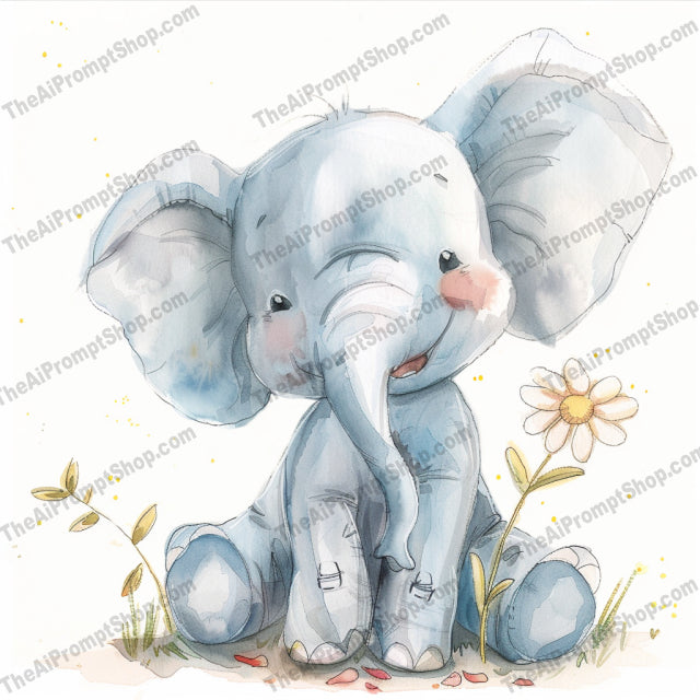 Cute Baby Elephant AI MidJourney Image Prompt, 8668 adorable animal, Ai, Ai Image Prompt, animal art, Animals, baby animal, baby elephant, children's illustration, cute elephant, delicate illustration, dreamy art, elephant with flower, endearing pose, Image Prompt, innocent expression, joyful art, kids art, lovely painting, midjourney, nursery decor, pastel colors, playful elephant, Prompt, soft colors, watercolor elephant, whimsical art