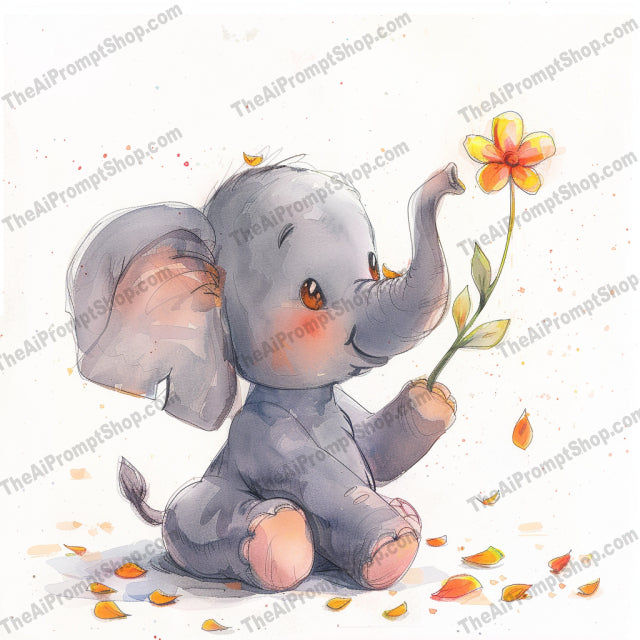 Cute Baby Elephant AI MidJourney Image Prompt, 8668 adorable animal, Ai, Ai Image Prompt, animal art, Animals, baby animal, baby elephant, children's illustration, cute elephant, delicate illustration, dreamy art, elephant with flower, endearing pose, Image Prompt, innocent expression, joyful art, kids art, lovely painting, midjourney, nursery decor, pastel colors, playful elephant, Prompt, soft colors, watercolor elephant, whimsical art