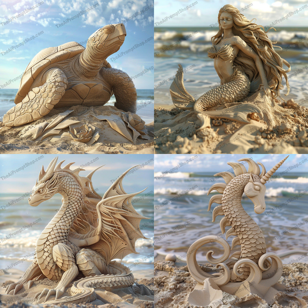 Artistic Sand Sculptures at the Beach AI MidJourney Image Prompt, 8854 Animals, midjourney, sand sculptures, beach art, fantastical creatures, mythical creatures, sand dragon, sand turtle, sand mermaid, sand unicorn, artistic, detailed, sculpture, ocean, beach, coastline, sand art, handcrafted, creative, summer, outdoor art, seaside, Midjourney, Ai, Ai Image Prompt, Image Prompt, Prompt