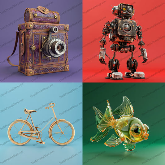 Creative 3D Designs AI MidJourney Image Prompt, 9678 Mockups - Products, midjourney, 3D design, vintage camera, steampunk robot, golden bicycle, glass fish, intricate details, creative, vibrant backgrounds, high quality render, visual appeal, digital art, stylized, unique, decorative, artistic, modern design, futuristic elements, colorful presentation, rendered artwork, detailed textures, Midjourney, Ai, Ai Image Prompt, Image Prompt, Prompt