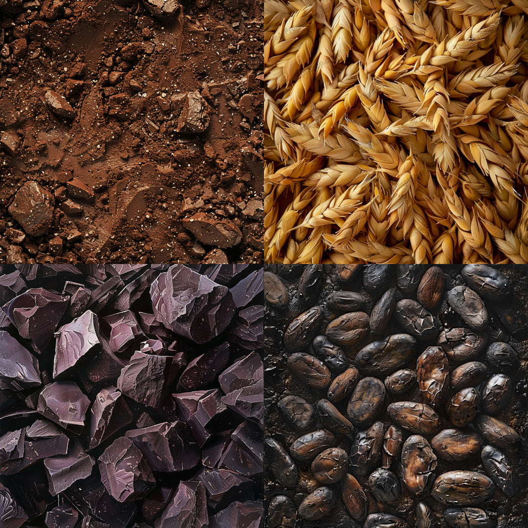 Earthy Textures Collage AI MidJourney Image Prompt, 8799 Food, midjourney, textures, soil, earth, wheat, grains, chocolate, dark chocolate, coffee beans, natural elements, close-up, detailed, earthy tones, organic, nature, raw materials, culinary, agriculture, rustic, food ingredients, botanical, Midjourney, Ai, Ai Image Prompt, Image Prompt, Prompt