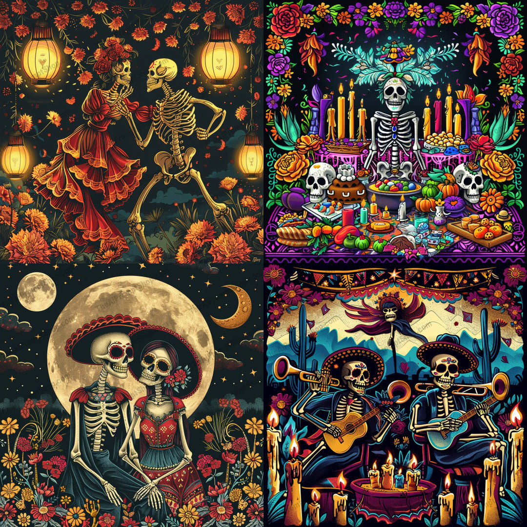 Day of the Dead Skeletons AI MidJourney Image Prompt, 9075 Holidays, midjourney, Day of the Dead, skeletons, celebration, floral, vibrant, colorful, traditional, festival, Mexican culture, decorative, candles, guitar, moonlight, festive, intricate, detailed, art, skull, sombrero, lanterns, Midjourney, Ai, Ai Image Prompt, Image Prompt, Prompt