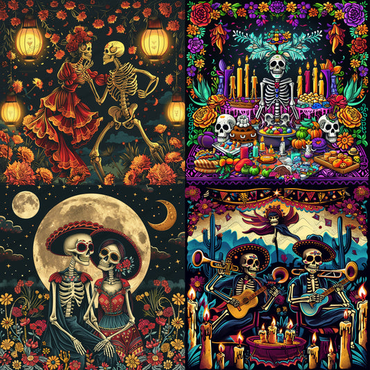 Day of the Dead Skeletons AI MidJourney Image Prompt, 9075 Holidays, midjourney, Day of the Dead, skeletons, celebration, floral, vibrant, colorful, traditional, festival, Mexican culture, decorative, candles, guitar, moonlight, festive, intricate, detailed, art, skull, sombrero, lanterns, Midjourney, Ai, Ai Image Prompt, Image Prompt, Prompt