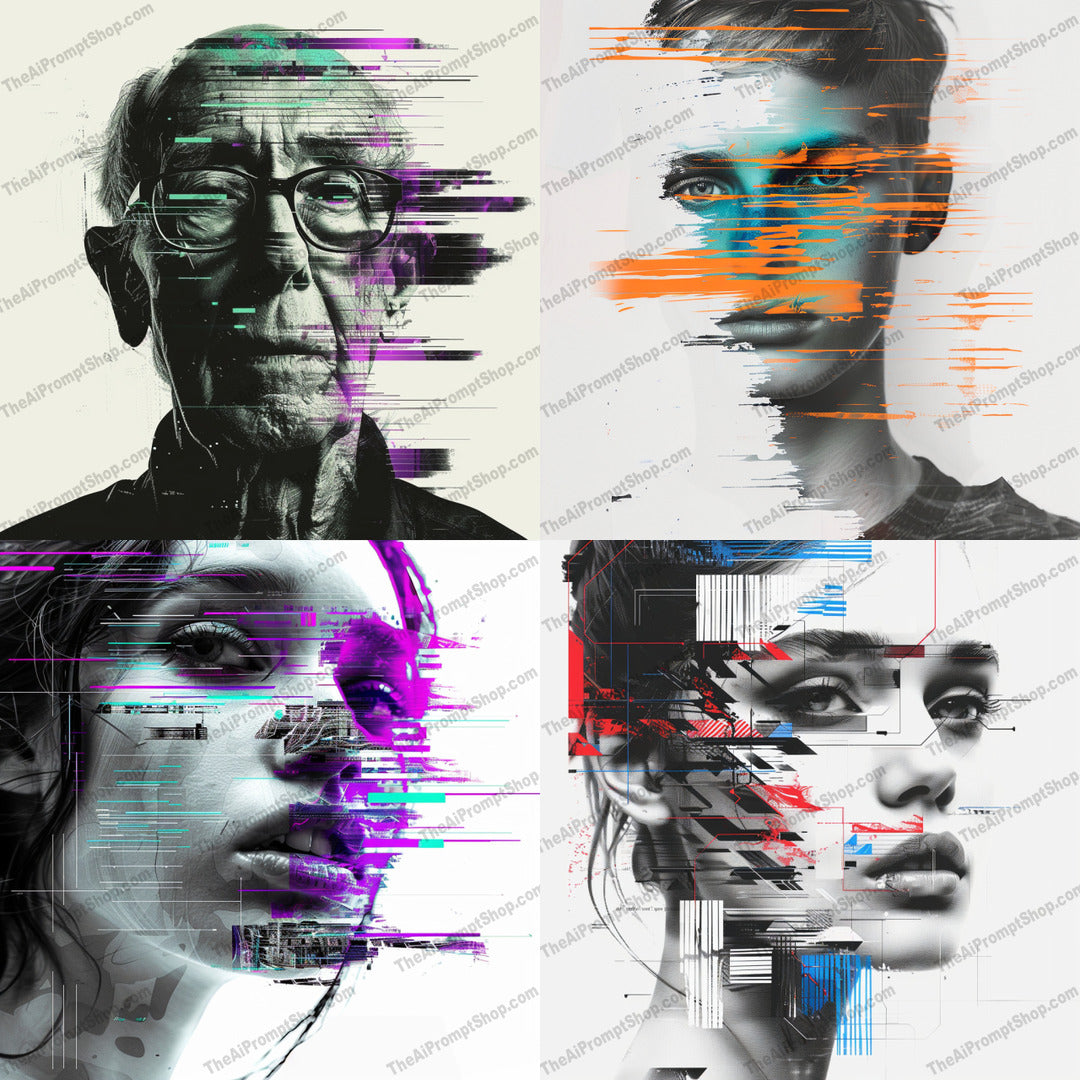 Glitch Art Portrait AI MidJourney Image Prompt, 8650abstract portrait, Ai, Ai Image Prompt, artistic portrait, colorful portrait, contemporary art, cyberpunk, digital art, digital distortion, distorted image, edgy art, futuristic, futuristic portrait, glitch art, glitch effect, graphic design, Image Prompt, midjourney, modern art, overlapping distortions, portrait, Portraits & People, Prompt, stylized image, tech art, vibrant colors