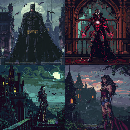 Pixel Art Superheroes AI MidJourney Image Prompt, 9238 Animation & Cartoons, midjourney, pixel art, superheroes, gothic, dark, night, castle, Batman, Iron Man, Wonder Woman, vampire, moonlight, mysterious, detailed, intricate, 8-bit, retro, digital art, character design, fantasy, vigilante, Midjourney, Ai, Ai Image Prompt, Image Prompt, Prompt