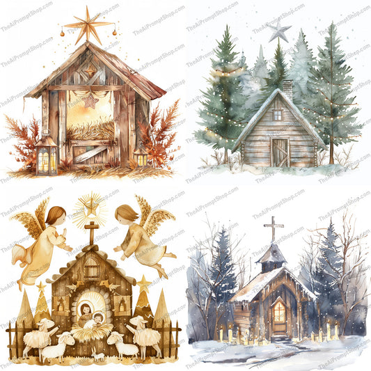 Rustic Christmas Scenes AI MidJourney Image Prompt, 9190 Holidays, midjourney, Rustic Christmas, holiday scene, wooden cabin, nativity scene, festive, rustic, cozy, warm tones, decorative, pine trees, snow, lanterns, angels, barn, star, traditional, winter, countryside, holiday decor, Christmas decorations, Midjourney, Ai, Ai Image Prompt, Image Prompt, Prompt