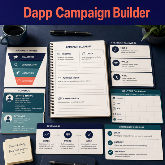 Dapp campaign planning blueprint with funnel stages, Web3 audience profiles, message and offer worksheet, creative framework, content calendar, testing, and compliance checks.