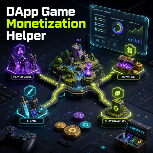 DApp Game Monetization Helper cover showing a game world connected to player value, rewards, items, sustainability, marketplace, and monetization planning signals.