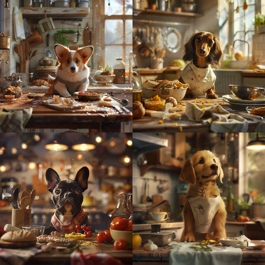 Adorable Dogs in the Kitchen AI MidJourney Image Prompt, 9106 Animals, midjourney, dogs, adorable, kitchen, aprons, cozy, well-lit, charming, whimsical, humor, decorations, social media, print, puppies, cooking, food, animals, cute, indoor, canine, pets, backgrounds, Midjourney, Ai, Ai Image Prompt, Image Prompt, Prompt