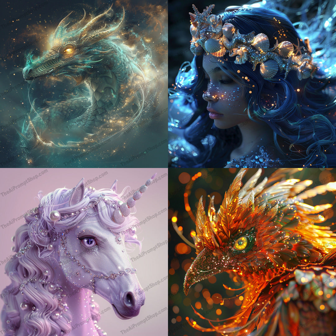 Mythical Creatures AI MidJourney Image Prompt, 9116 Fantasy, midjourney, mythical creatures, fantasy art, dragon, unicorn, phoenix, ethereal, highly detailed, enchanting, imaginative, magical world, fantasy illustrations, mystical, fairy tale, whimsical, immersive, mythology, legendary, fantastical, mythical beasts, fantasy creatures, Midjourney, Ai, Ai Image Prompt, Image Prompt, Prompt