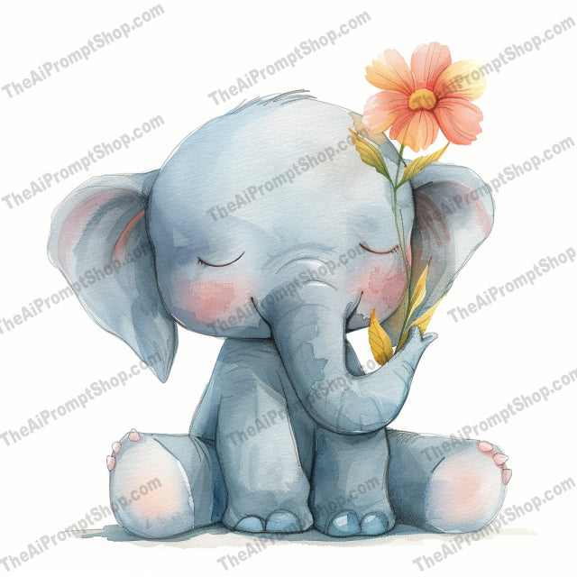 Cute Baby Elephant AI MidJourney Image Prompt, 8668 adorable animal, Ai, Ai Image Prompt, animal art, Animals, baby animal, baby elephant, children's illustration, cute elephant, delicate illustration, dreamy art, elephant with flower, endearing pose, Image Prompt, innocent expression, joyful art, kids art, lovely painting, midjourney, nursery decor, pastel colors, playful elephant, Prompt, soft colors, watercolor elephant, whimsical art